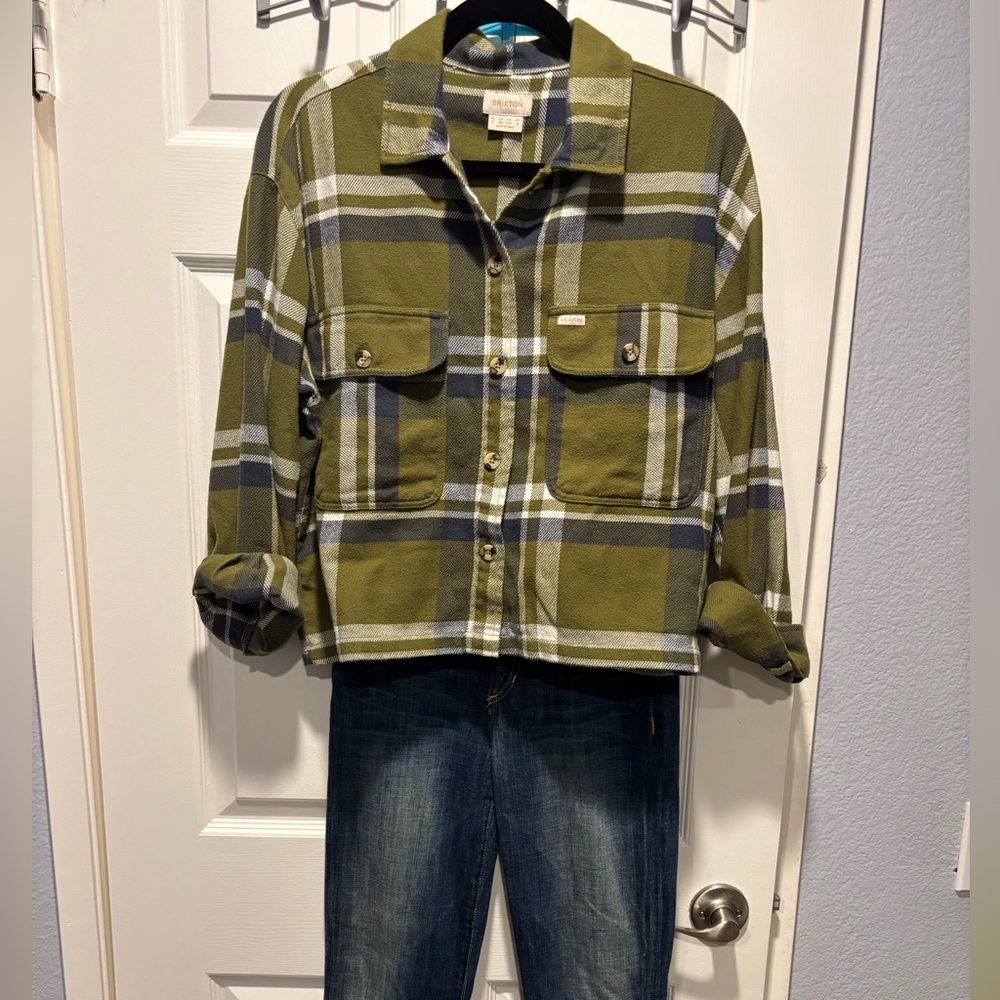 Brixton Navy and Green Plaid Button-Up Flannel -Small